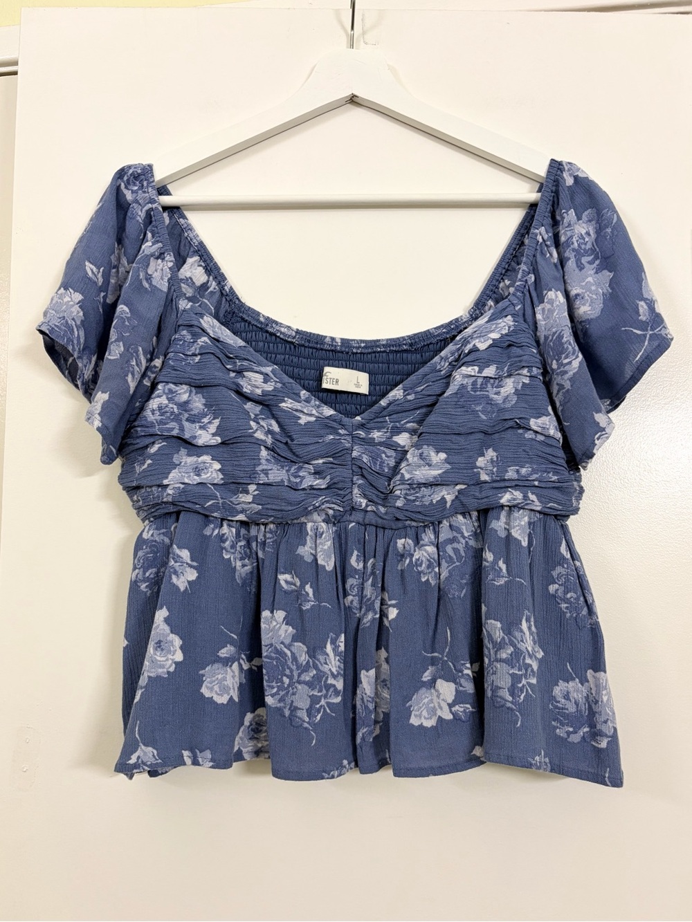 Hollister Blue Floral Ruched Sweetheart Peplum Babydoll Boho Flowy Top L